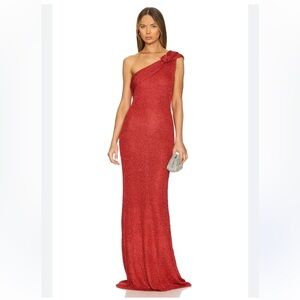 Runaway The Label Silvia Maxi Dress Red knit One-Shoulder gown Revolve NWT L